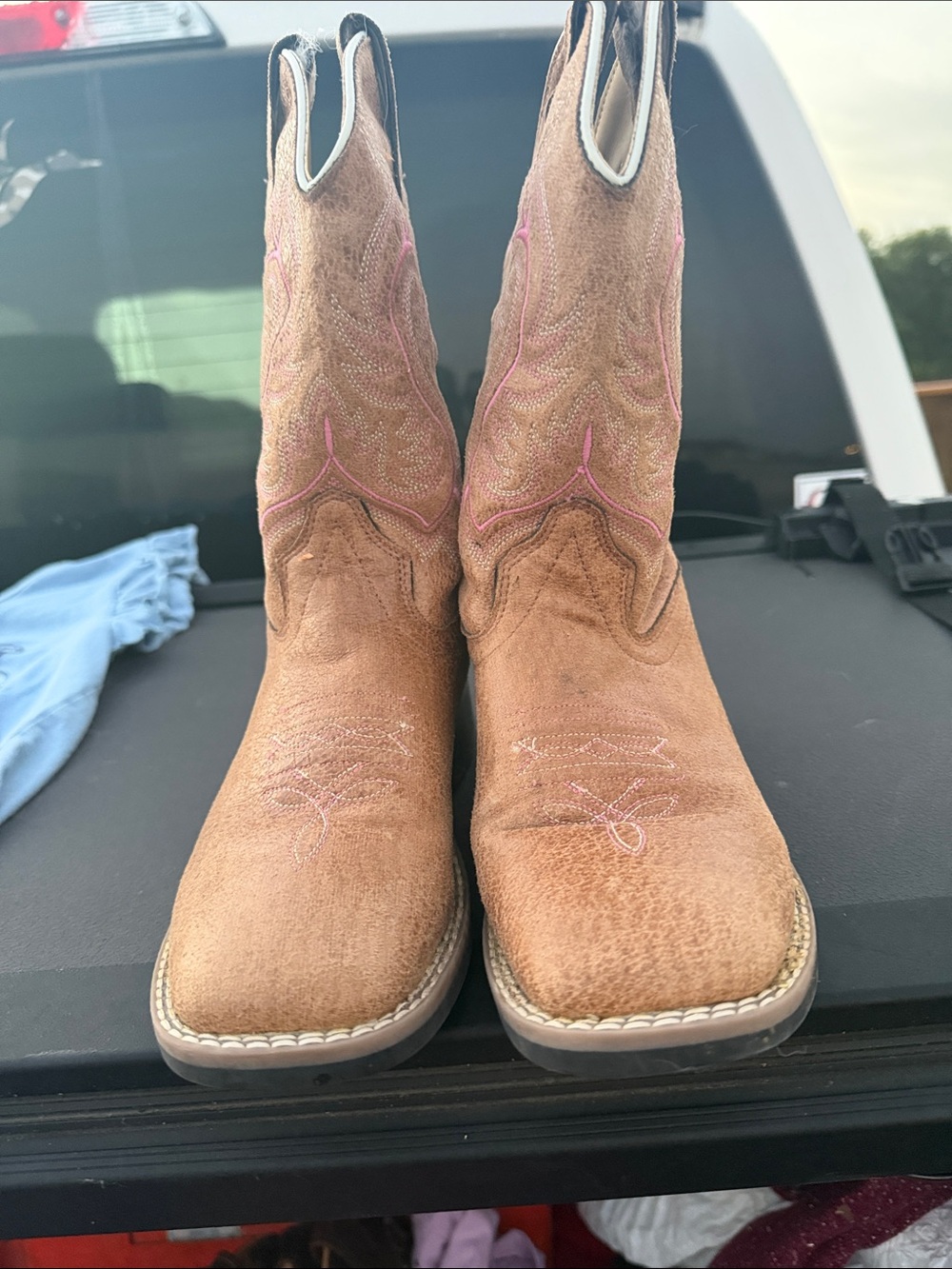 Shyanne Tan Suede Moto Boots with Pink Stitching